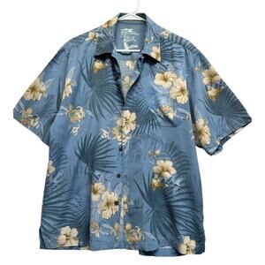 Jamaica Jaxx 100% Silk Button Up Shirt White Flowers Blue Size M EUC‎ Boho Beach